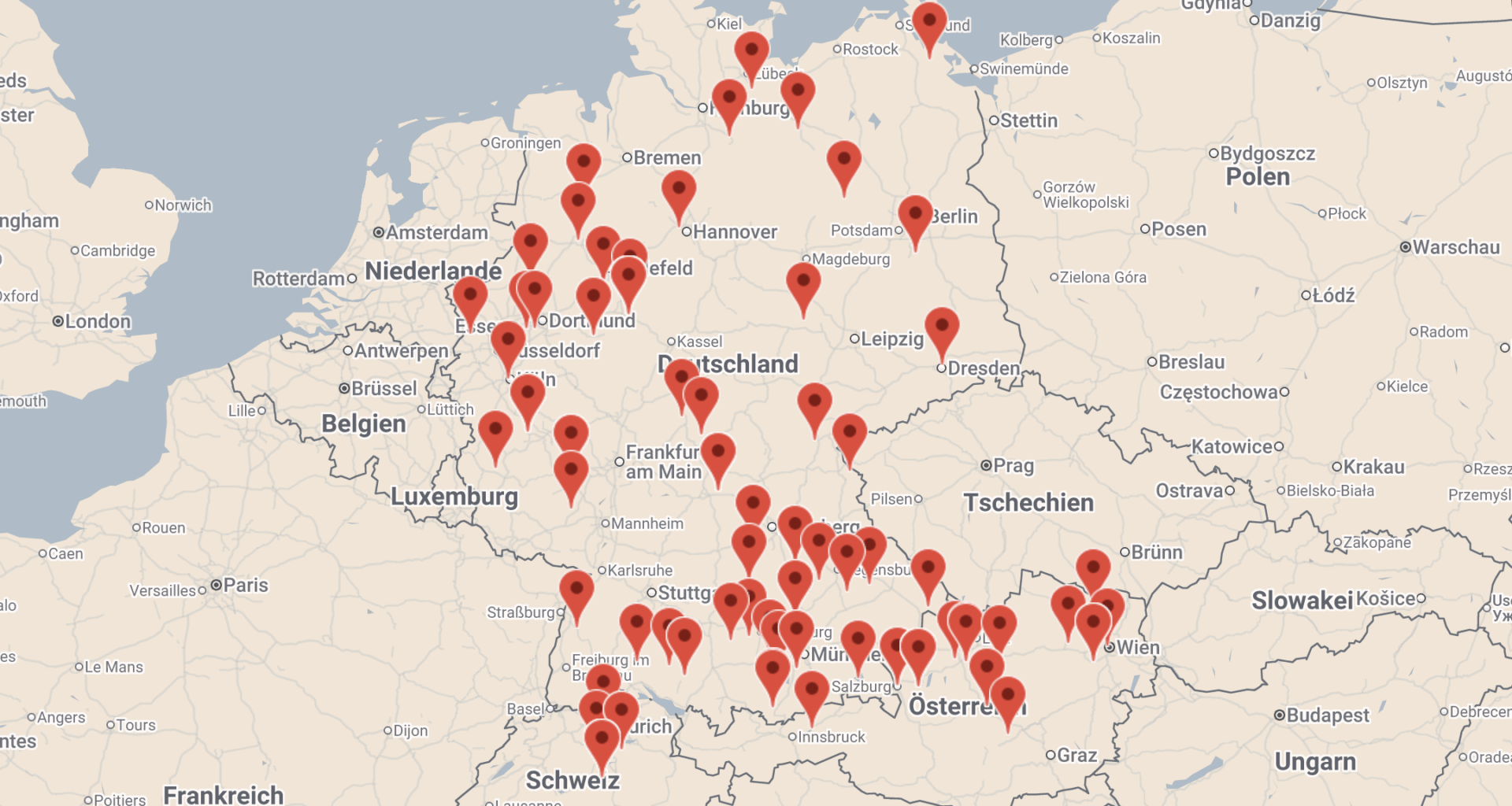 Karte von Deutschland, Österreich und der Schweiz mit den verzeichneten Werkstätten